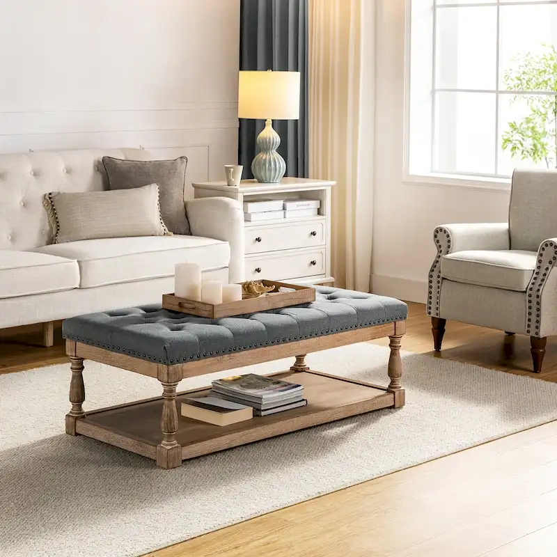Upholstered Rectangular Cocktail Ottoman with Storage Tray