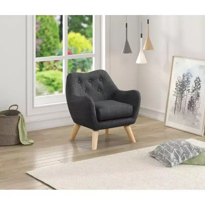 HOMLUX 19.5W Linen Kids Accent Chair with Button Tufted Back & Wooden Legs