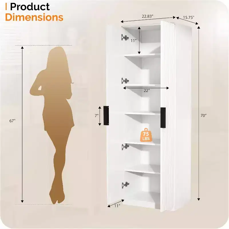 VINGLI 70 Modern Pantry Cabinet with Fluted Doors, 5 Adjustable Shelves, Tall Storage Solution