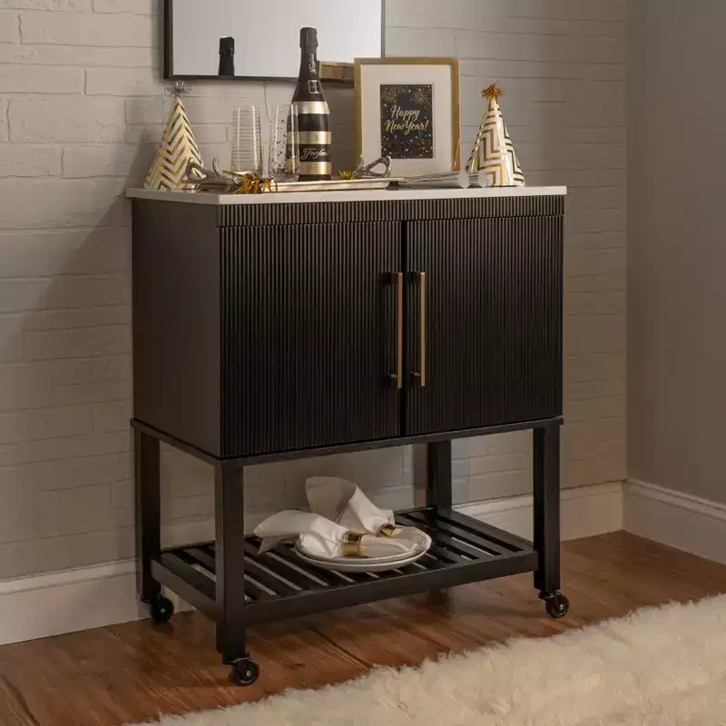 Kitchen Cart in Black with Granite Stone Top, Soft-Close Doors and Storage Shelves