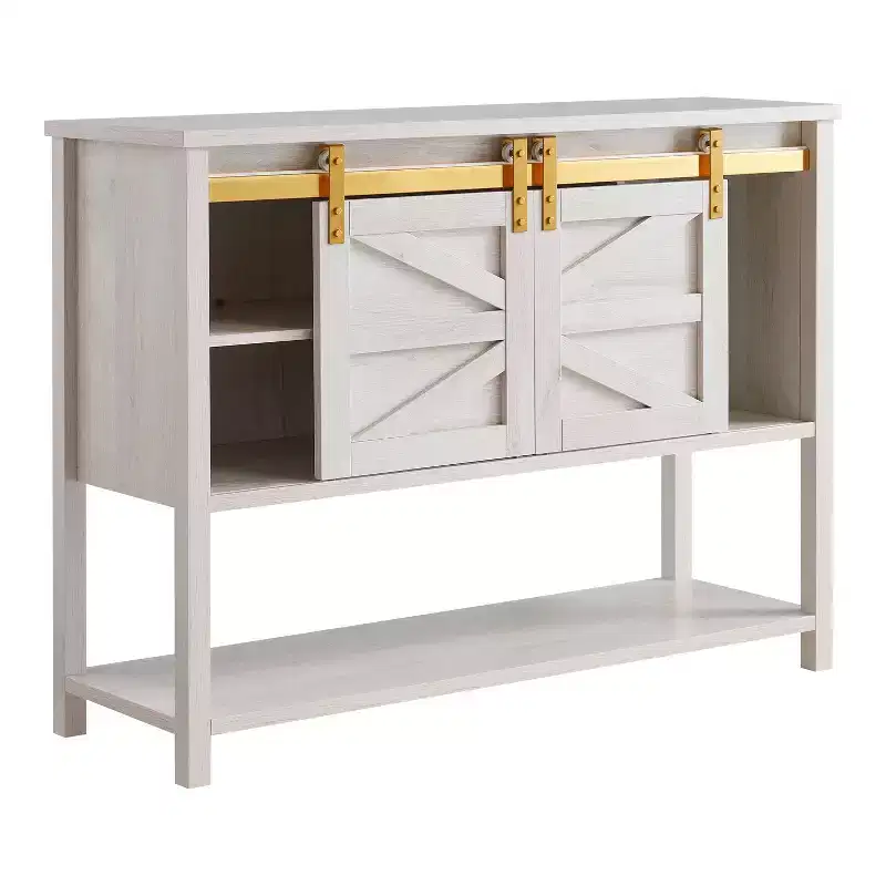 47" Quailridge Farmhouse 4 Shelf Buffet with Barn Doors White Oak - miBasics: Engineered Wood, Adjustable Storage
