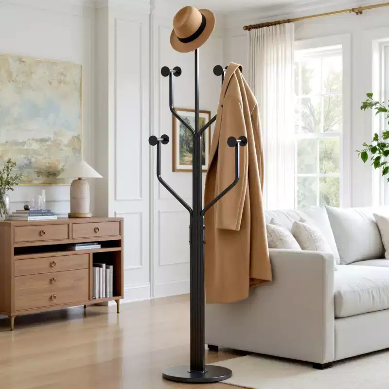 Bekrvio Metal Freestanding Coat Rack with 10 Hooks and Sturdy Marble Round Base, Heavy-Duty Hall Tree for Hats & Bags, Entryway Storage Stand