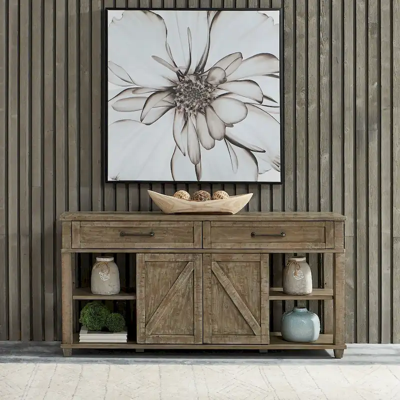 Weathered Taupe Wood Sofa Table with Drawers and Open Shelves