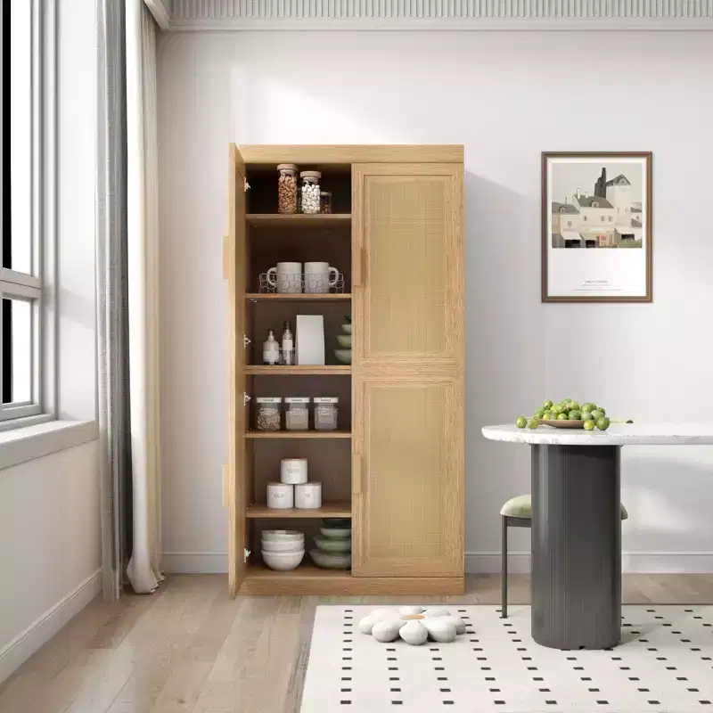62x31x16 Wood Grain Buffet Cabinet, Storage Organizer with Adjustable Shelves and Rattan Doors for Kitchen Bedroom Living/Dinning Room