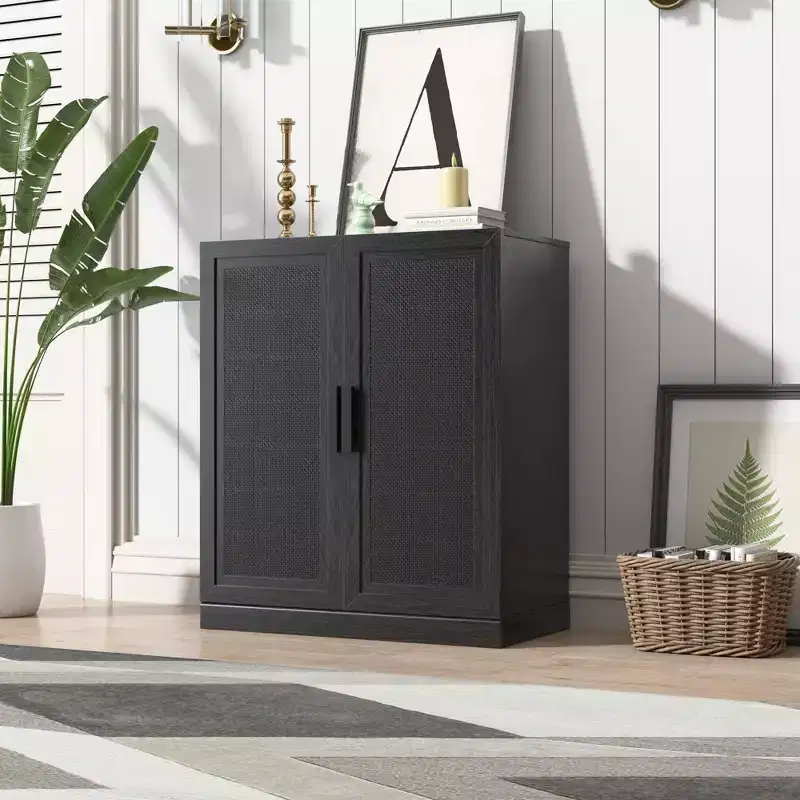 PexFix 36 Modular Sideboard Cabinet with Storage Modern Farmhouse Buffet Cabinet with Rattan Doors for Living Room Kitchen Dining Room Entryway Black