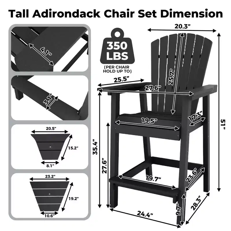 GustoWave Tall Adirondack Chair Set of 2, HDPE Tall Barstools with Double Connecting Trays, Bar Height Adirondack Chair for 2, All-Weather