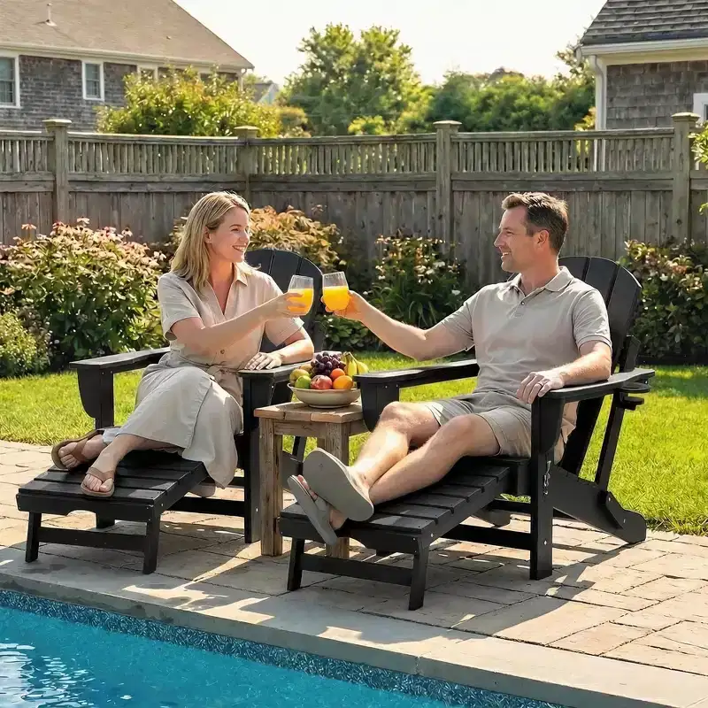 Outsunny Folding Adirondack Chair Set of 2, HDPE Fire Pit Chair with Retractable Ottoman, Cup Holder and Large Seat for Deck, Garden, Backyard