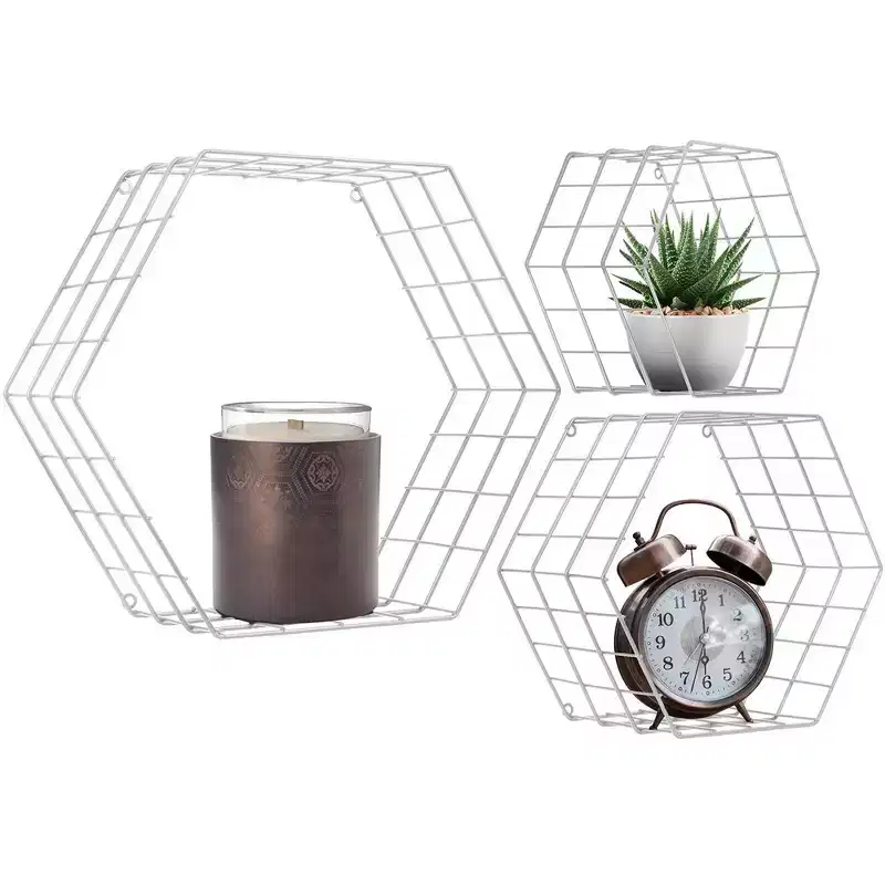 Sorbus Metal Wire Hexagon Design Wall Mounted Floating Shelves, Set of 3 - White