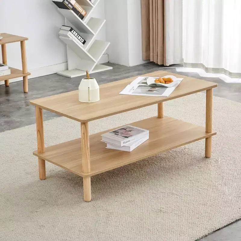 2-Tier Rectangular Coffee Table with Open Storage Shelf – Rounded Solid Wood Legs for Living Room