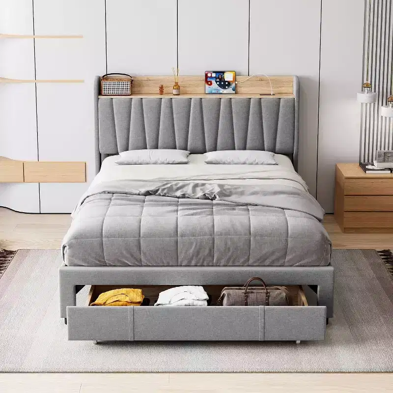 King Size Bed Frame with Storage Headboard, Charging Station, Upholstered Platform with Drawers, Sturdy Wooden Slats, No Box Spring, Light Grey