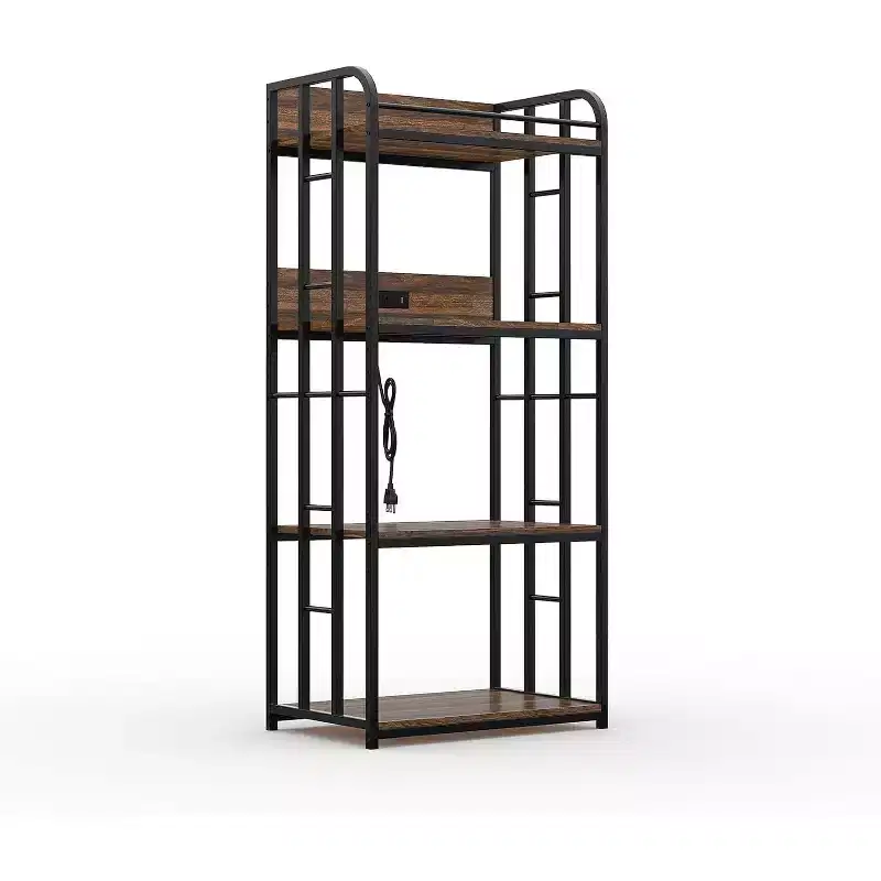 Kitchen Bakers Rack with Adjustable Shelves and Wheels, 4-Tier Microwave Cart Stand with Optional Power Outlet for Home Storage