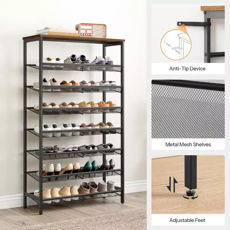 8-Tier Shoe Rack, 29.5L Large Capacity Shoe Storage Organizer (Holds 21-24 Pairs), Space-Saving Rustic Brown & Black Shoe Shelf