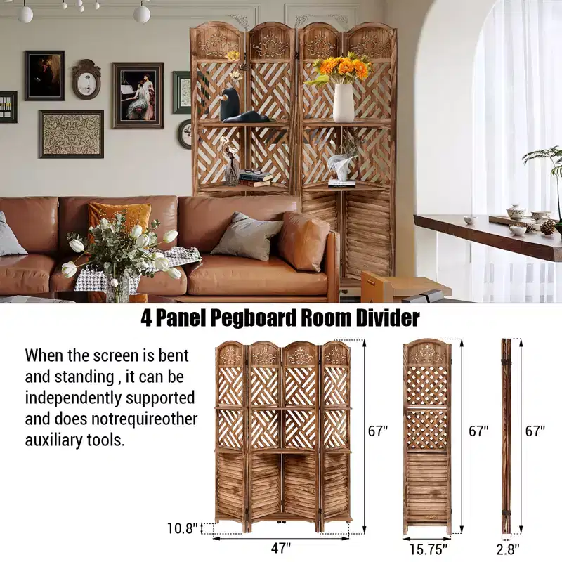 Farmhouse-style room partition with three-tiered shelving and four folding privacy screens, suitable for bedrooms, living rooms - small space storage
