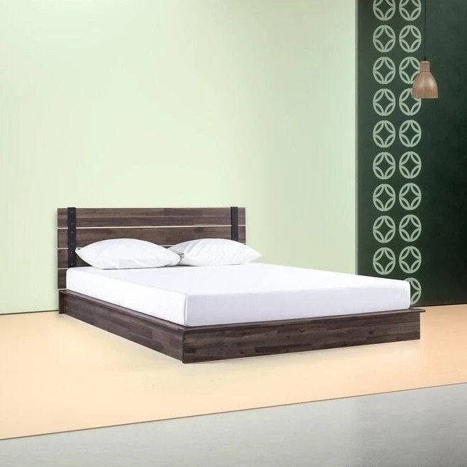 Full Size Low Profile Platform Bed Frame with Slatted Headboard