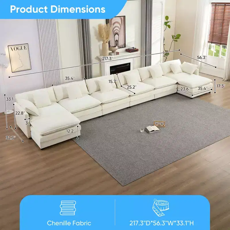 217''U-Shaped Modular Sectional Sofa,8-Seat Cloud Couch with Ottoman and Cushions,Sleeper Deep Seat Couches