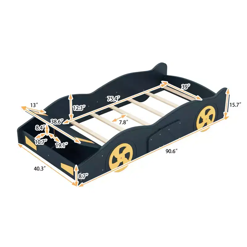 Full Size Race Car-Shaped Platform Bed with Wheels and Storage for Kids, Dark Blue