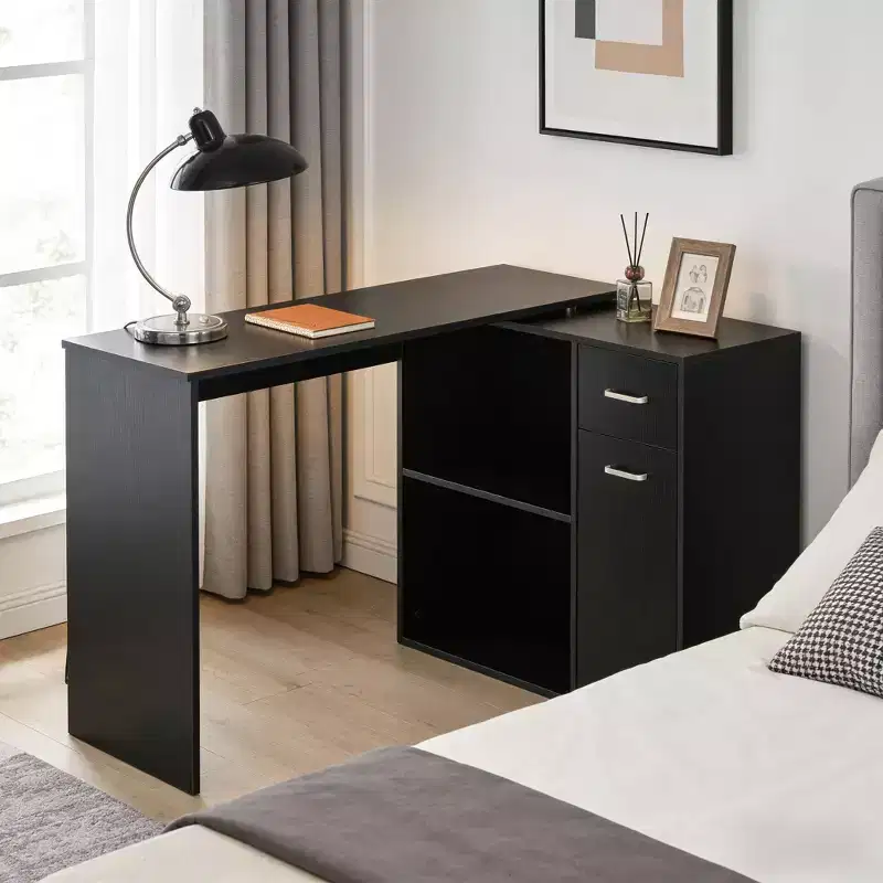 GDFStudio Edin Rotating L-Shaped Corner Computer Desk with Storage Cabinet and Shelves