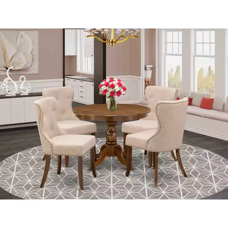 HomeStock 5-Piece Antique Walnut Finish Solid Wood Top Dining table with 4 Chairs
