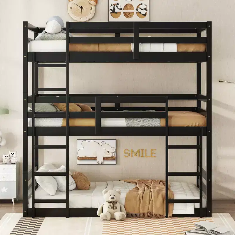Detachable Triple Twin Bunk Bed with 2 Ladders & Guardrails, Rubber Wood, 200 lbs/Bed