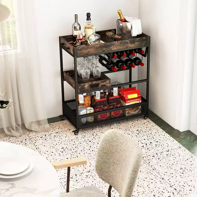 Costway Rolling Bar Cart Bar Serving Cart on Wheels 3-Tier Industrial Liquor Beverage Cart with Wine Rack & Glass Holder
