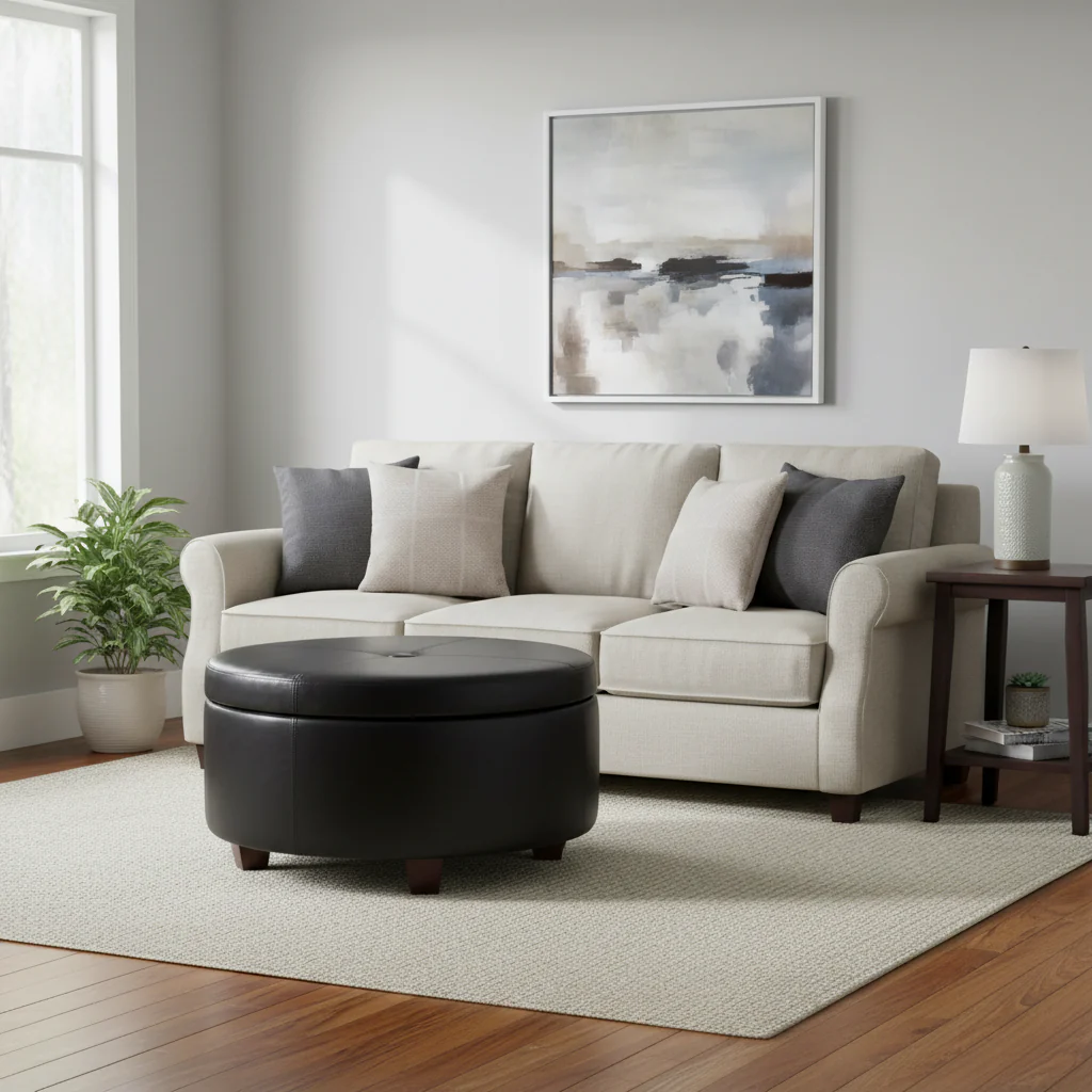 Round Black Faux Leather Button-Top Storage Ottoman, Seats 1