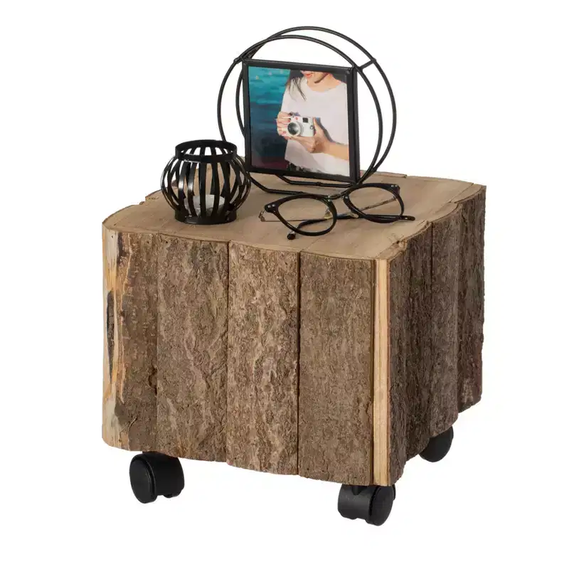 Natural Wood Square Stump Stool with Wheels, 1-Person, Brown