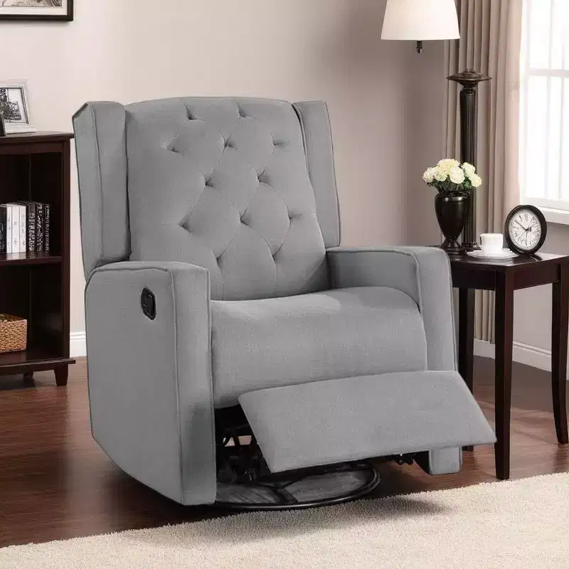 Swivel Glider Manual Recliner, Solid Wood, Classic Gray Burlap