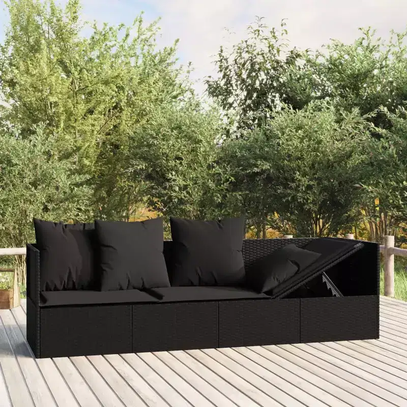 vidaXL Outdoor Lounge Bed Black PE Rattan Large Adjustable Armrests