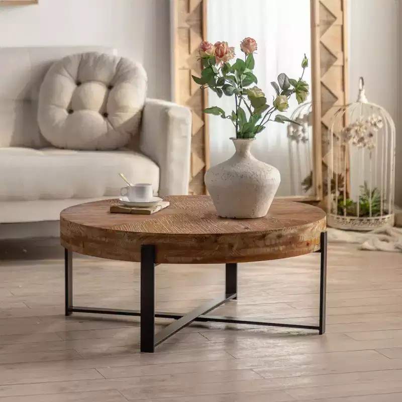 Okak Round Coffee Table with Wood Top and Black/Gold Cross Metal Legs Retro Accent for Living Room
