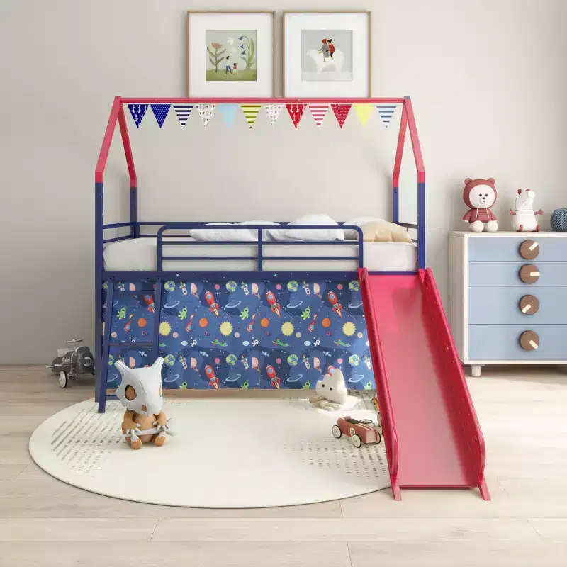 Bellemave Metal Junior House Twin Loft Bed with Slide, Curtain Set, Pennant Banner Flag and Star Stickers