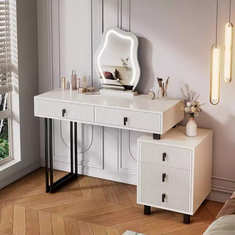 Adjustable Modern Vanity Table with Cloud LED Mirror, Ribbed Texture Makeup Desk with Drawers & Side Cabinet for Bedroom & Small Spaces