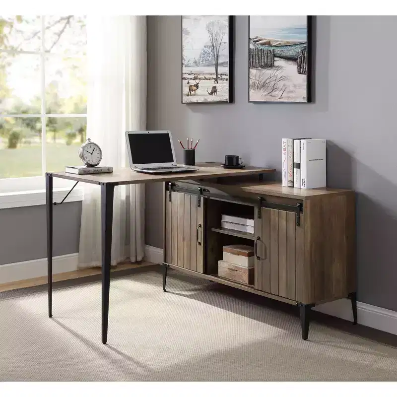 GDFStudio Pampas L-Shape Writing Desk with Sliding Barn Door Storage