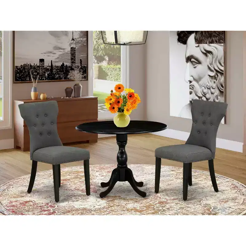 3-Piece Wire Brushed Black Solid Wood Top - Button Tufted Dining Room Set - Seats 4