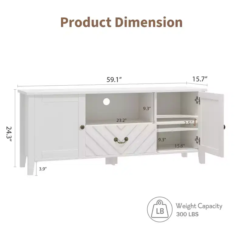 Farmhouse TV Stand for TV up to 70 Inch, Media Console with V-Shaped Pattern Drawer