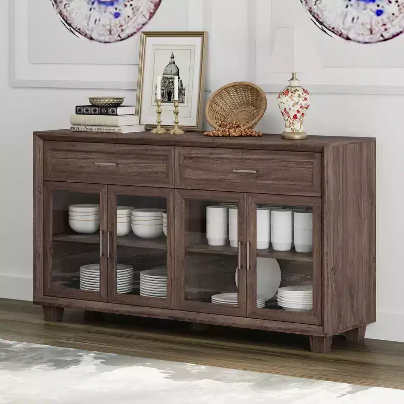 Wood-Grain Buffet Sideboard with Glass Doors & Drawers - Multi-Room Storage for Dining/Living Spaces Storage Cabinet