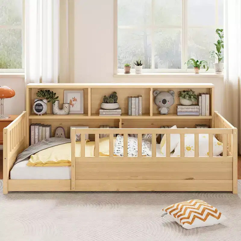 GDFStudio Cissie Modern Pinewood Guardrail Floor Bed with Side Storage