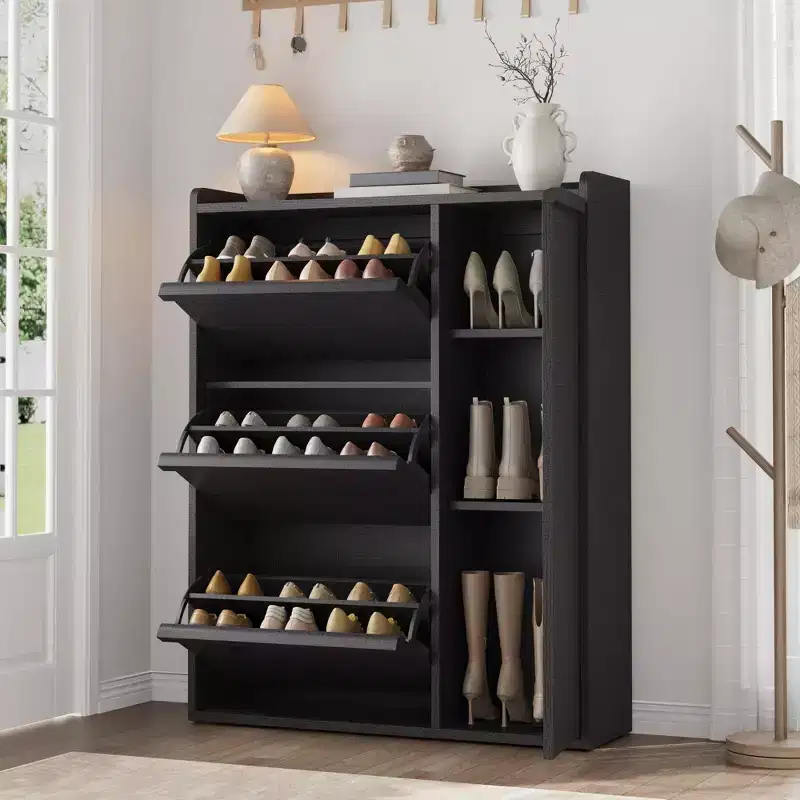 Freestanding Hidden Shoe Storage Cabinet with 3 Flip Drawers, Side Door & Adjustable Shelves, Wooden Entryway Organizer for Hallway & Living Room