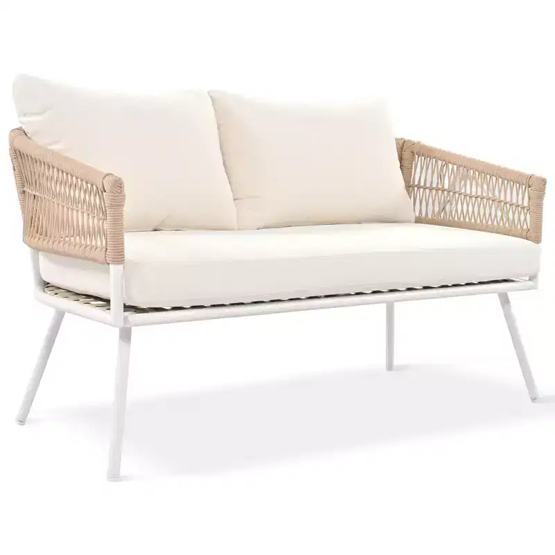 GDFStudio Shaun 4 Piece Boho Patio Conversation Set with Acacia Wood Coffee Table and Metal Seating