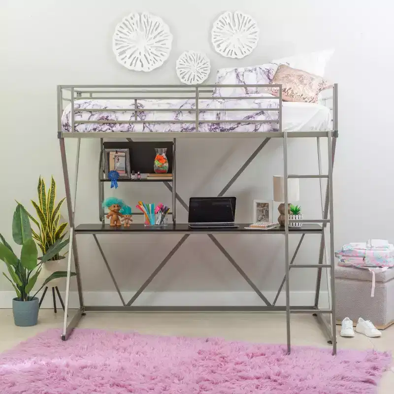 Modern Industrial Pewter Metal Kids' Twin Loft Bed with Built-in Study Desk