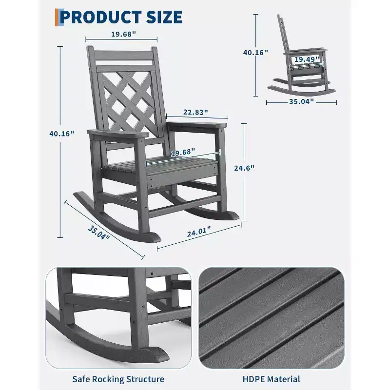 2 Pack Rocking Chair with Side Table, HDPE Weather Resistant Patio Rocking Chair Porch Rocker with Wood Texture