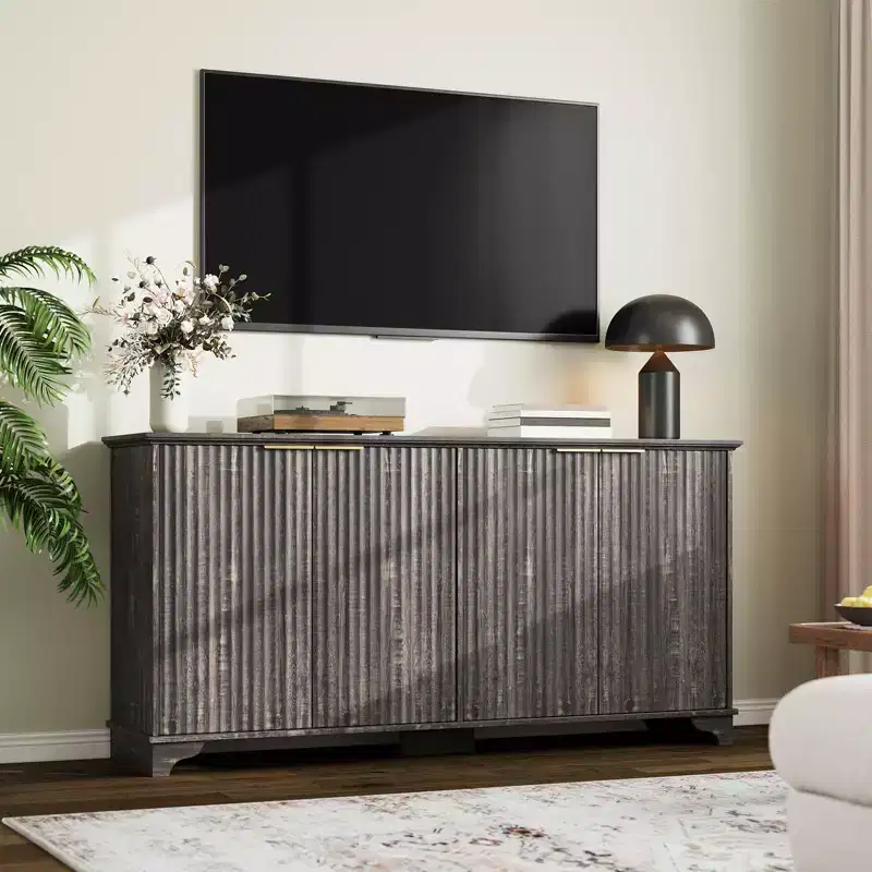 Fluted 4-Door Sideboard Buffet Cabinet with Storage | TV Stand & Coffee Bar with Adjustable Shelves & Load-Bearing Feet for Kitchen & Living Room