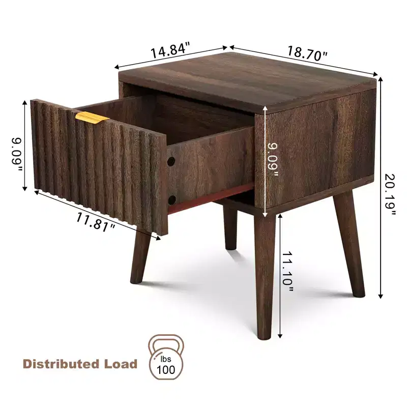 20 inch Walnut Fluted Nightstand Set of 1/2 Mid Century Modern End Table with Drawer Bedside Table Solid Wood End Side Table for Living Room