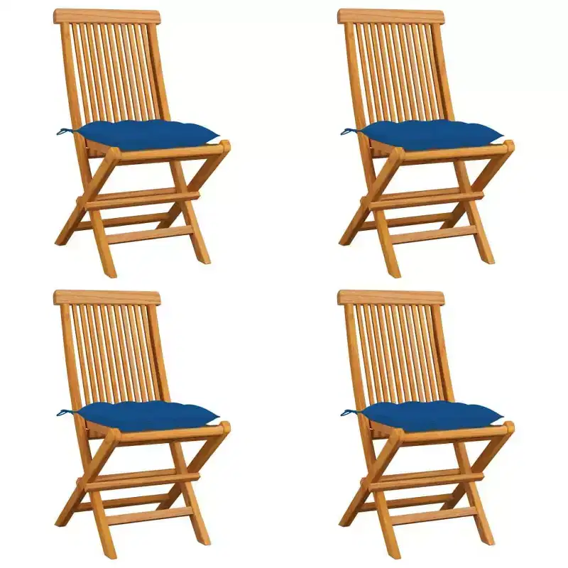 vidaXL Patio Chairs 4 Pcs - Folding, Teak Wood, Blue Cushions, Comfortable Outdoor Seating