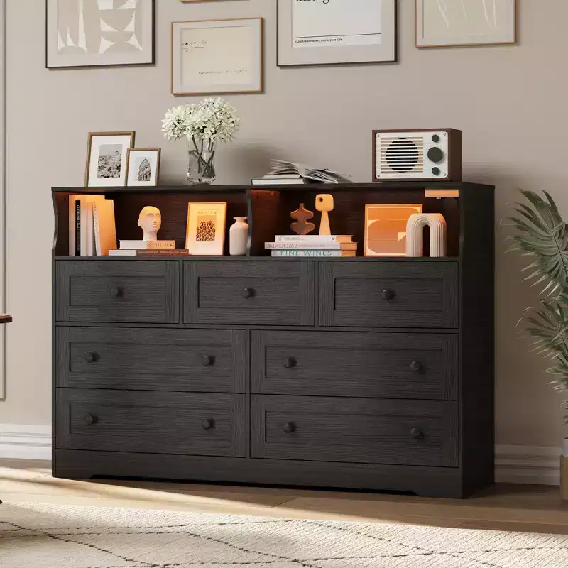 7-Drawer Dresser with LED Lights & Charging Station - Wooden Storage Organizer for Bedroom/Nursery/Entryway