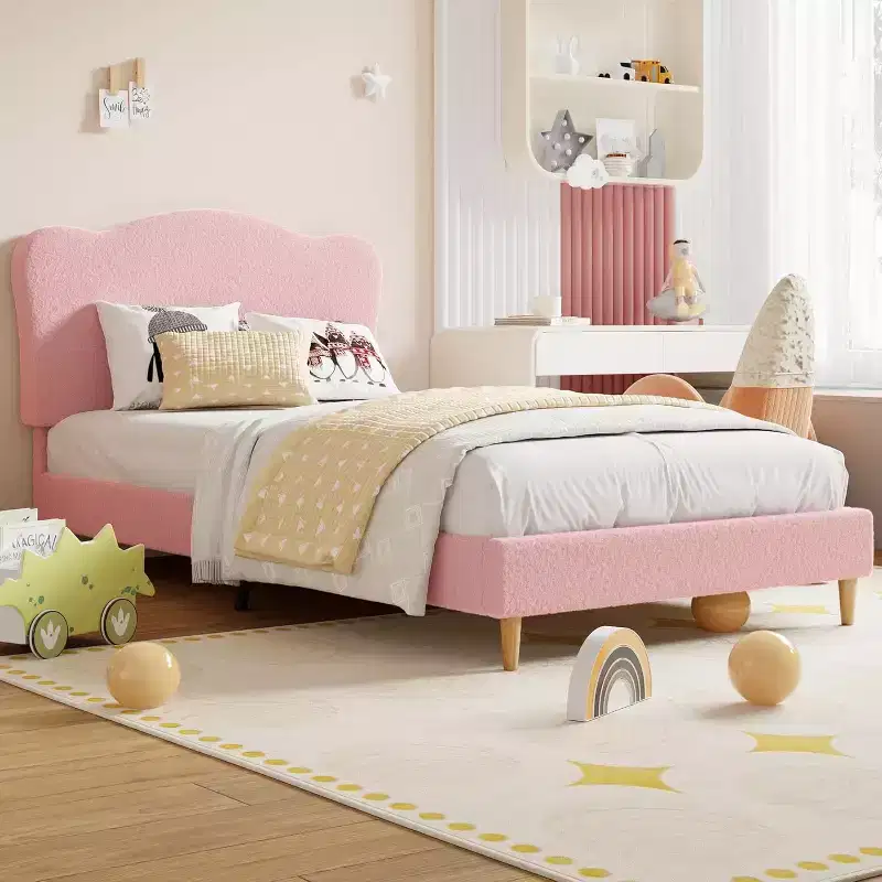 Upholstered Twin Bed Frame with Headboard, 77x39.4 in Toddler Bed for Kids Girls, Soft Padded Platform Bedframe, Sturdy Wooden Slats Support, Pink