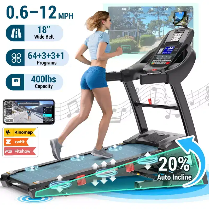 20% Incline Treadmill for Home, 400lbs Capacity Folding Treadmill, 5.0 HP Running Machine, 18 Wide Belt