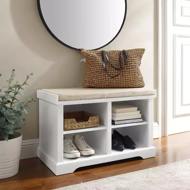 Wood and Linen Entryway Storage Bench with Shoe Cubbies White