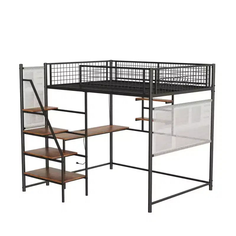 Full Size Black Loft Metal Bed with Desk, Charging Station, LED Lights & Storage, 400 lbs