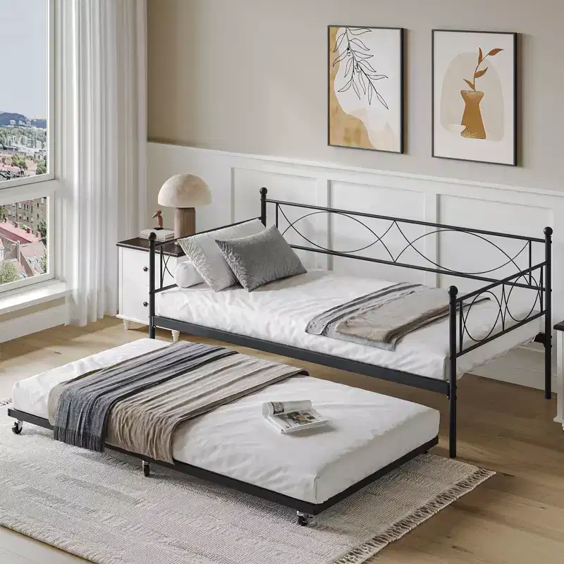 GustoWave Metal Day Bed Twin Trundle Bed Frame, with Premium Steel Slat Support