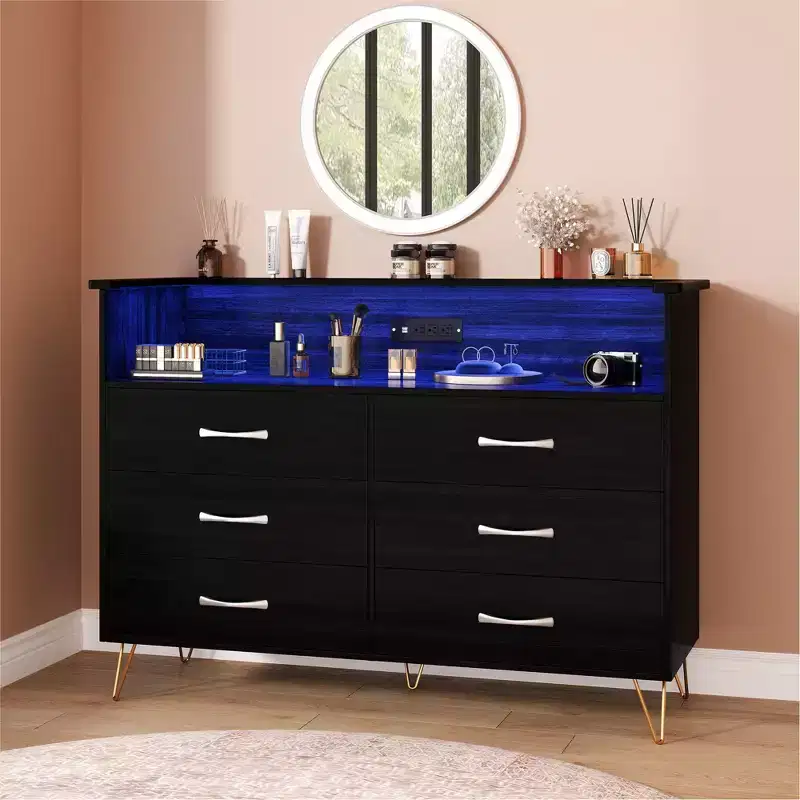 Black/Pink/White 6-Drawer Dresser with LED Lights & Charging Station for 1